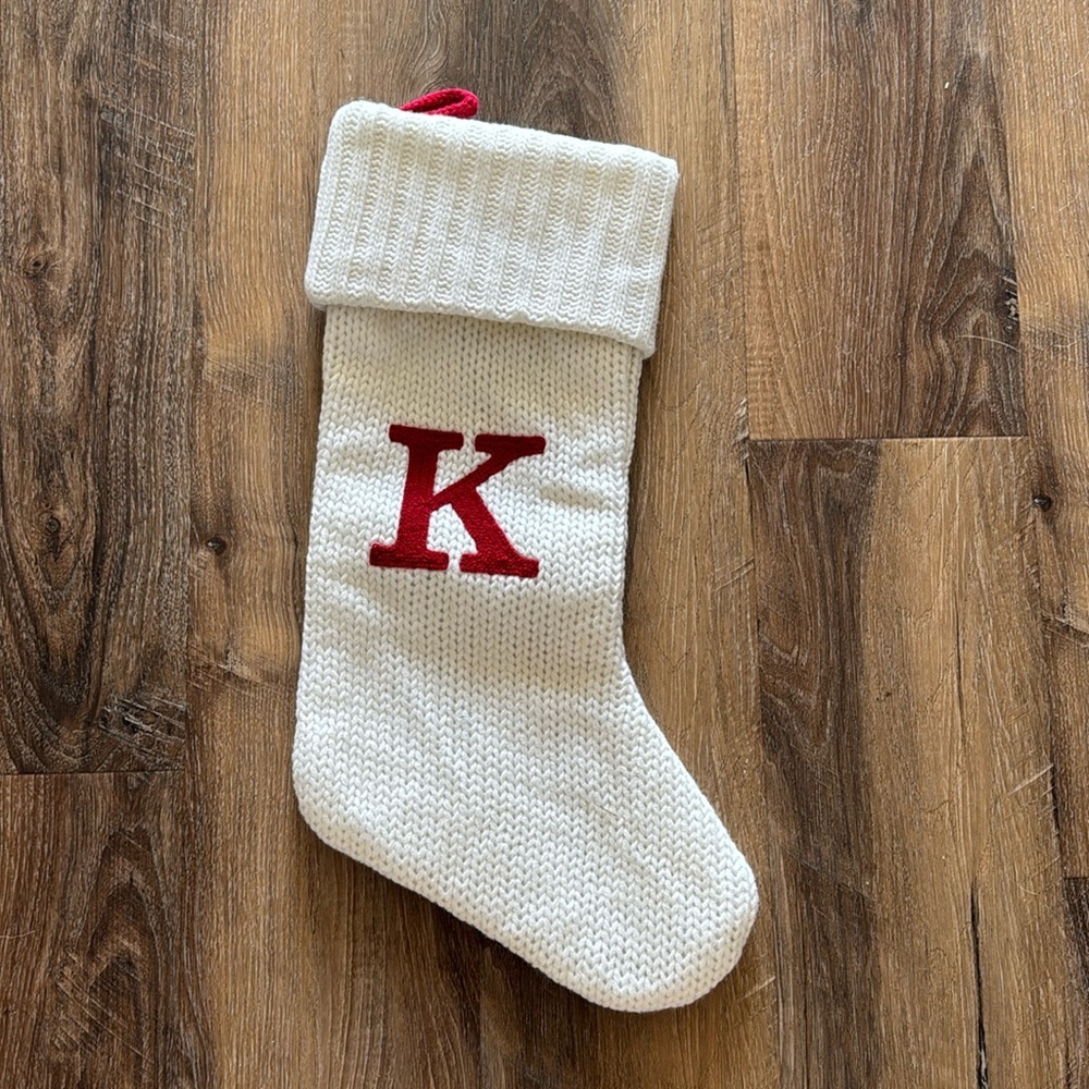 Wonderland white Christmas Stocking red K monogram red/white knit